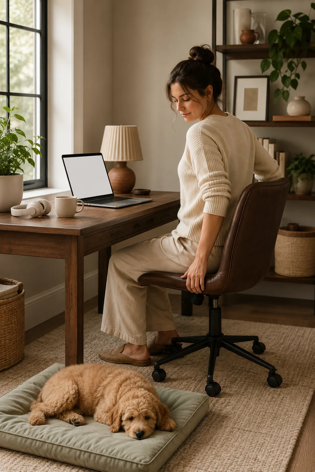 Home-office meeting setup with headphones ready and a relaxed puppy already settled nearby