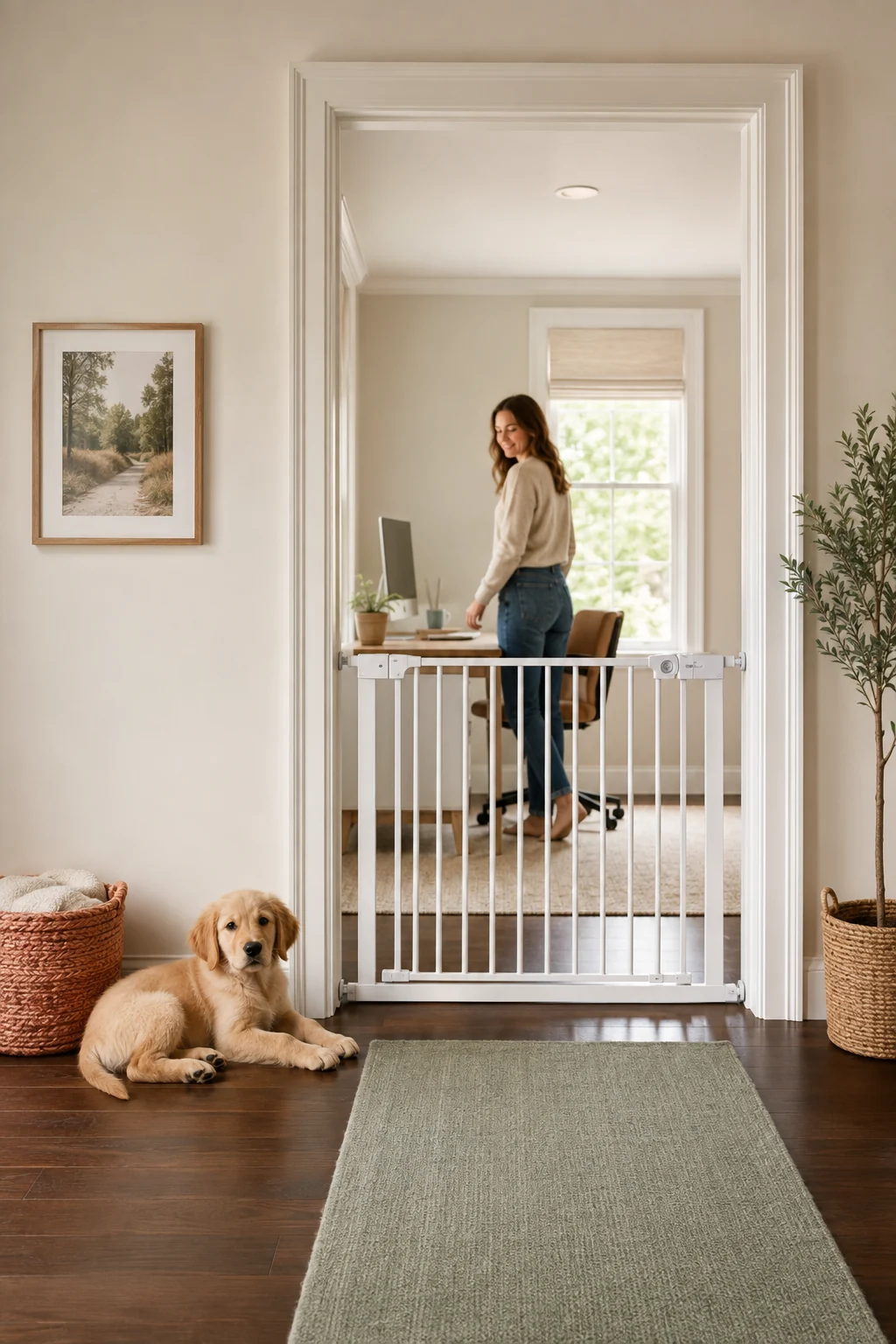 Puppy calmly watching its owner step briefly behind a baby gate in a home office doorway