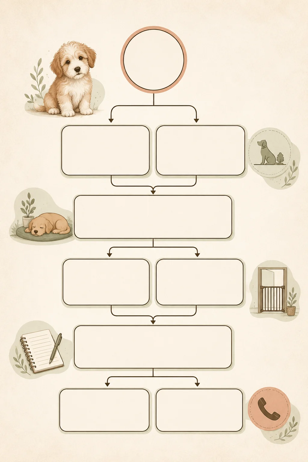 Blank vertical troubleshooting flowchart with puppy, doorway, resting mat, and phone icons connected by empty decision boxes
