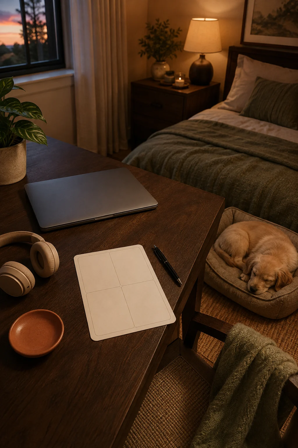 Closed laptop, blank planning card, headphones, and a sleeping puppy beside a bedside home-office setup