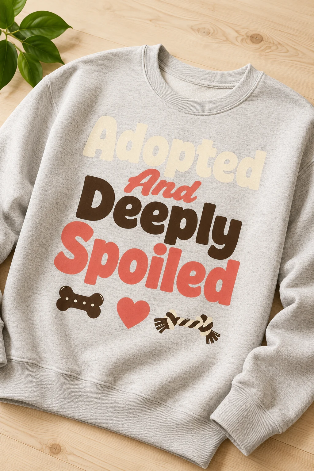 Sweatshirt with the Adopted And Deeply Spoiled design arranged on a light natural-wood surface beside a subtle plant leaf