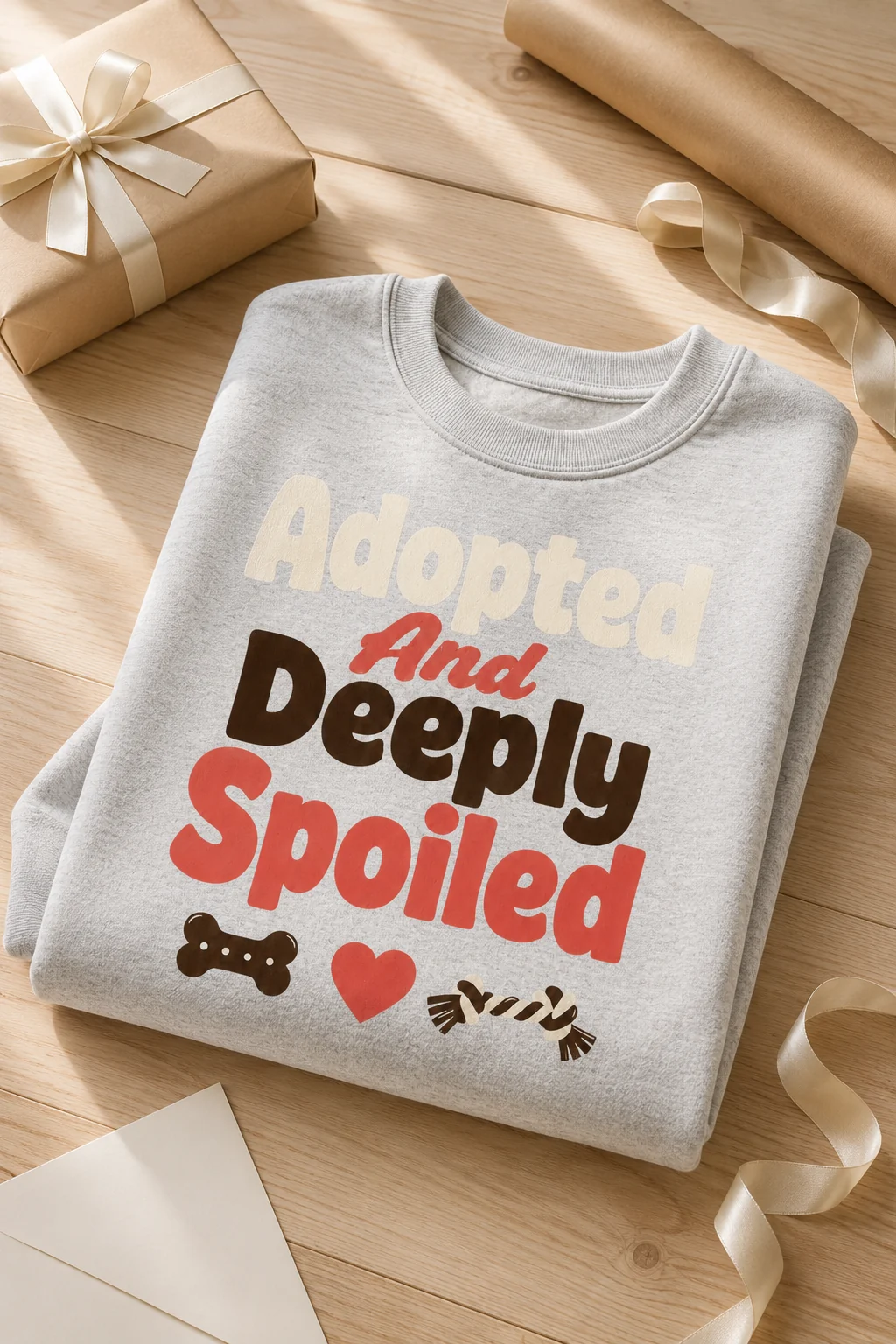 Adopted And Deeply Spoiled sweatshirt in a light-wood gift setup with plain wrapping paper, ribbon, and a blank envelope