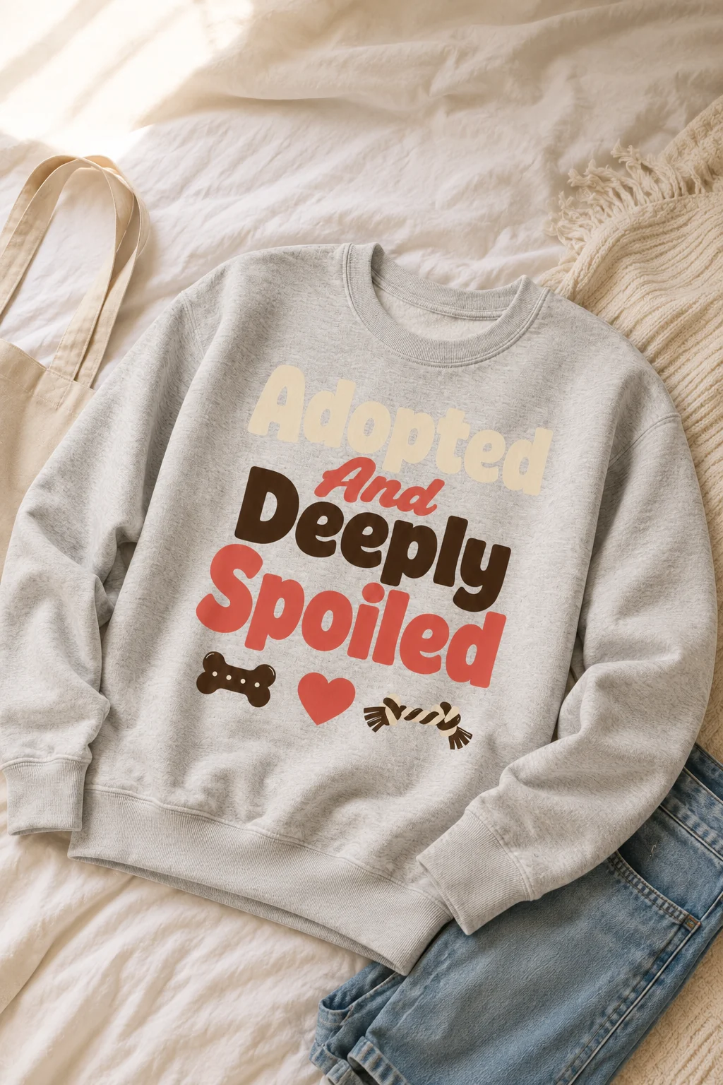Adopted And Deeply Spoiled sweatshirt styled on neutral bedding with folded jeans and a simple tote in a casual bedroom