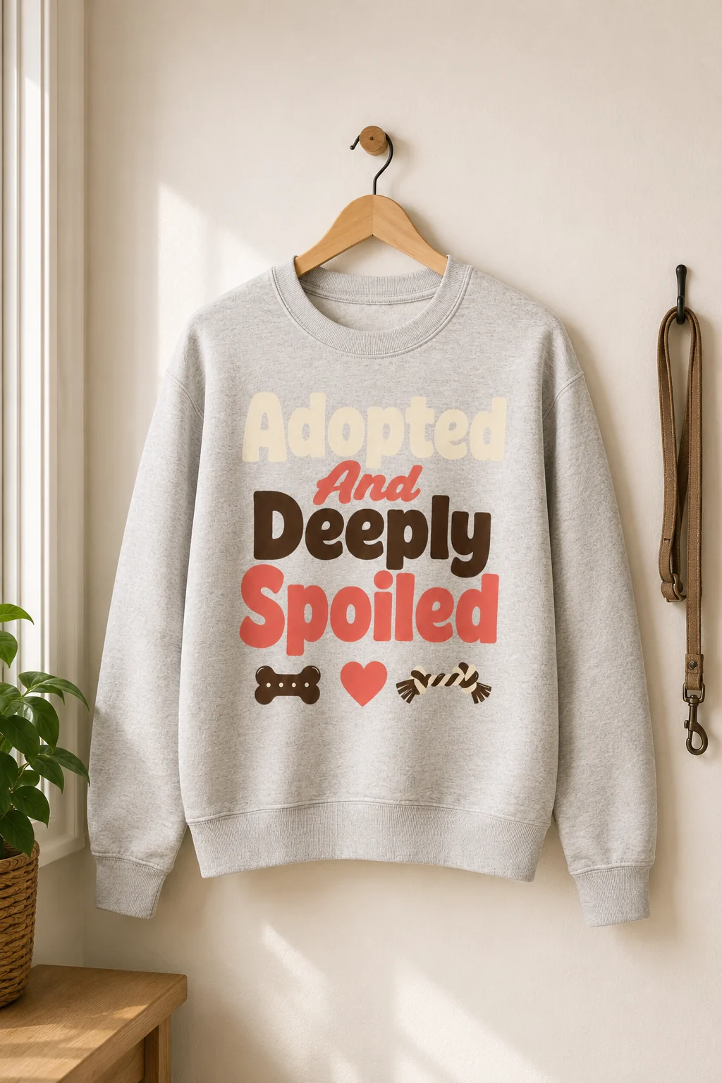 Adopted And Deeply Spoiled sweatshirt shown straight on against a minimal entryway wall with a plain hook and leash nearby