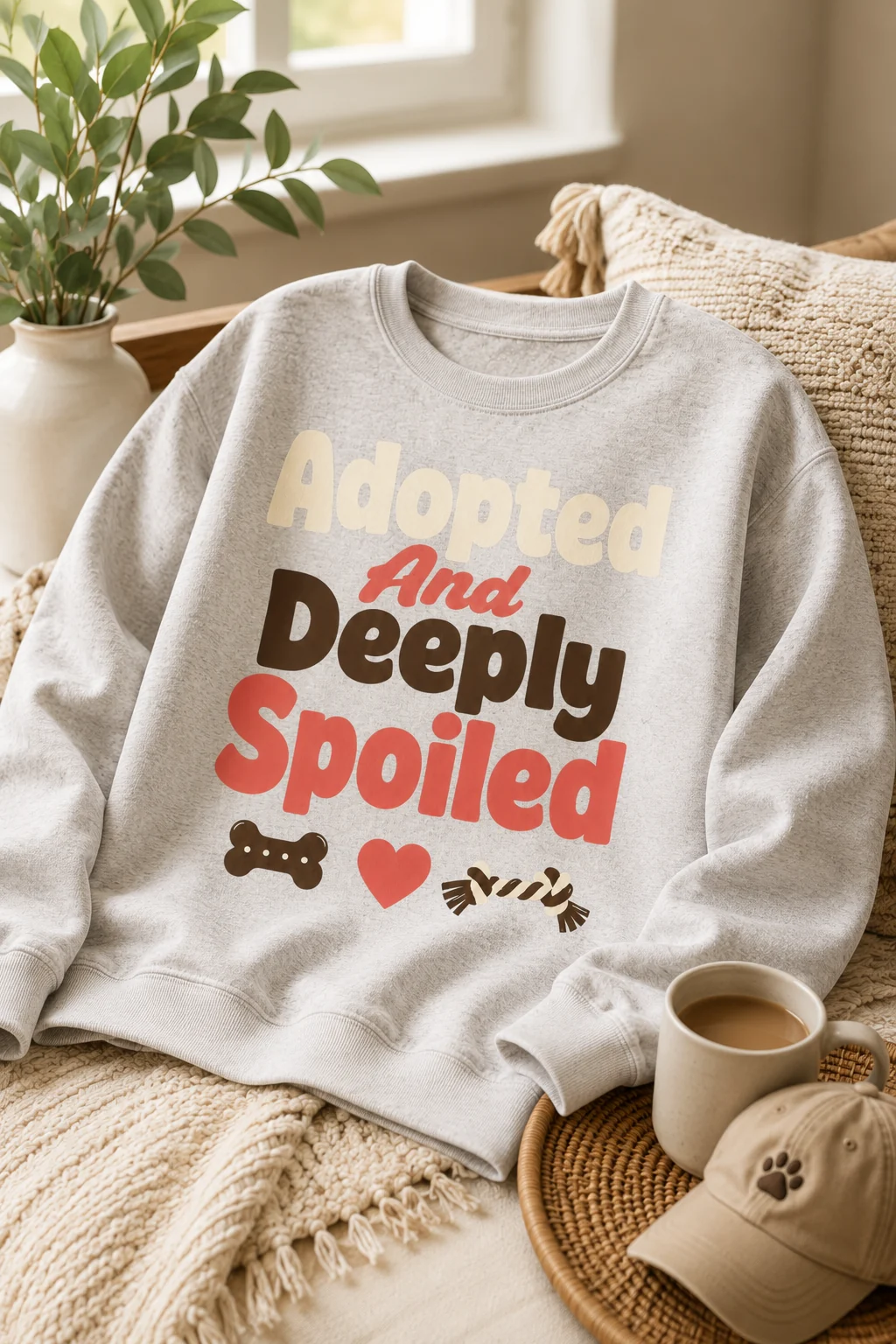 Adopted And Deeply Spoiled sweatshirt in a coordinated lifestyle collection with one unbranded accessory and one home item