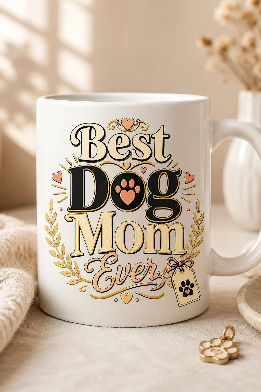 White Best Dog Mom Ever mug in warm natural light with folded cream fabric, a small gold paw charm, and dried flowers in the background