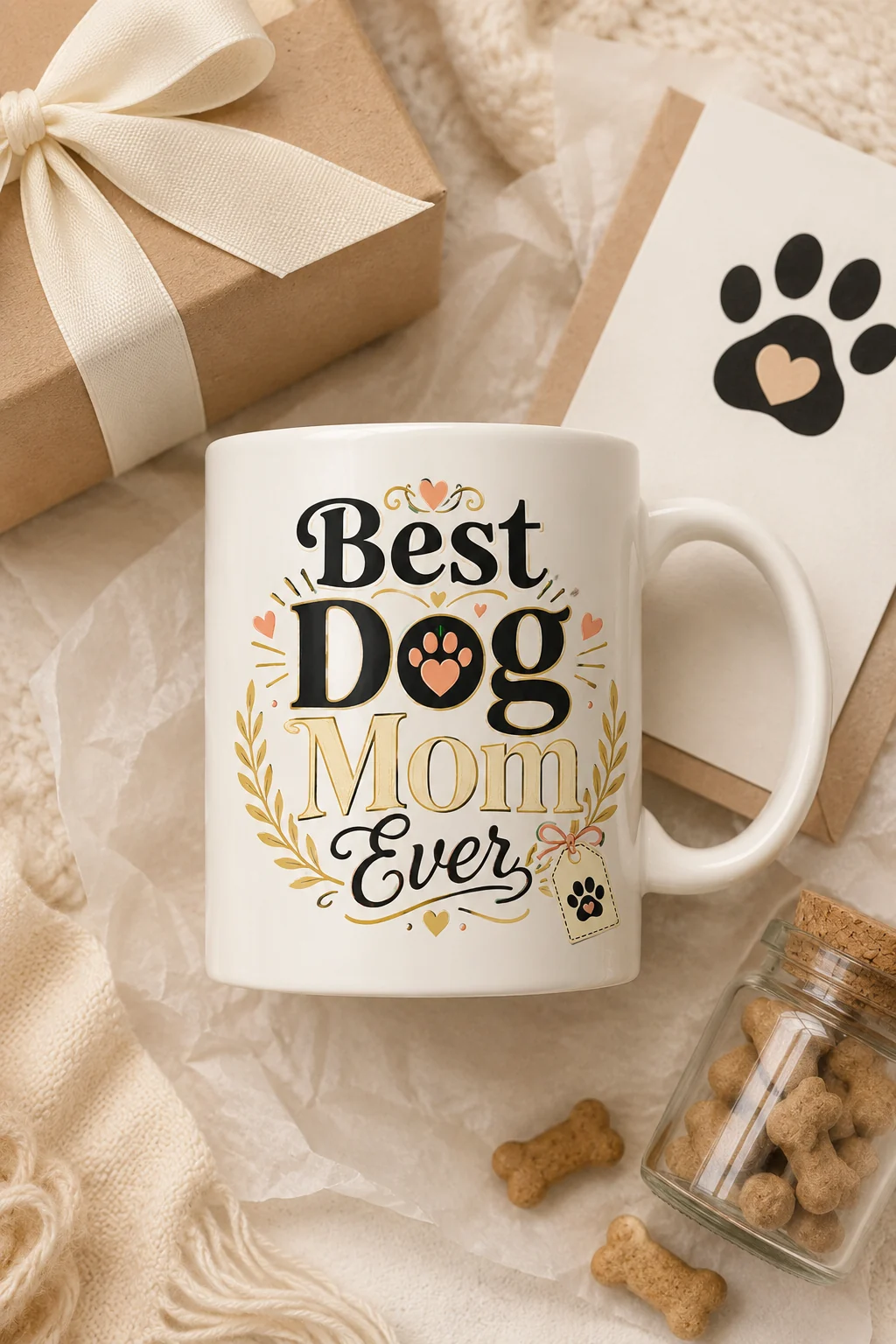 Best Dog Mom Ever mug arranged in a gift flat lay with a kraft box, cream ribbon, paw-print card, tissue paper, and a jar of dog treats