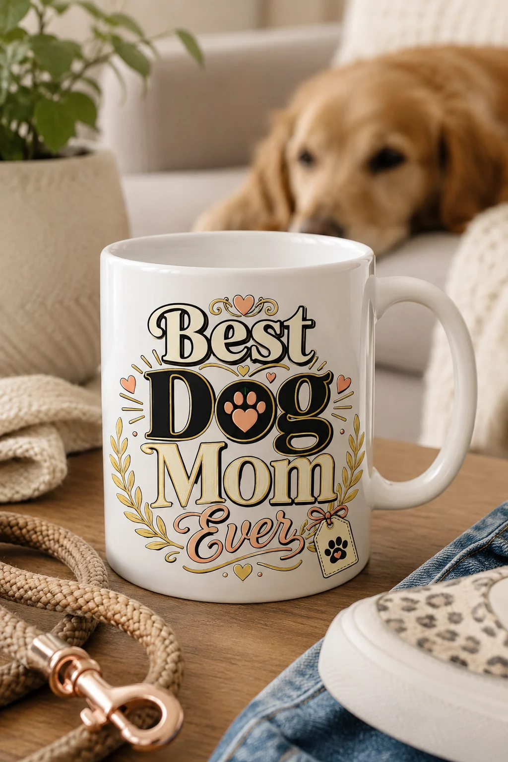 Best Dog Mom Ever mug on a wooden table with a resting golden dog in the background, a coiled leash, denim, and a casual shoe