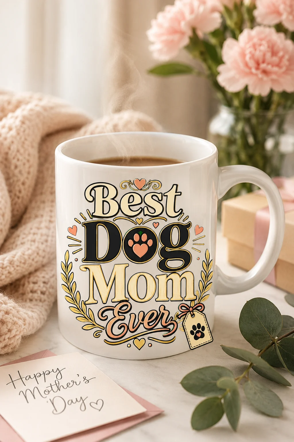 Steaming Best Dog Mom Ever mug beside pink carnations, a wrapped gift, eucalyptus leaves, a cream knit blanket, and a Mother's Day card