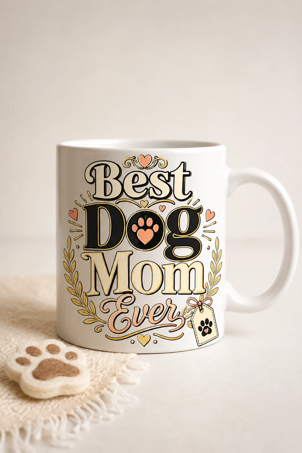 Best Dog Mom Ever mug against a plain cream background with soft fabric and a paw-shaped treat in the foreground