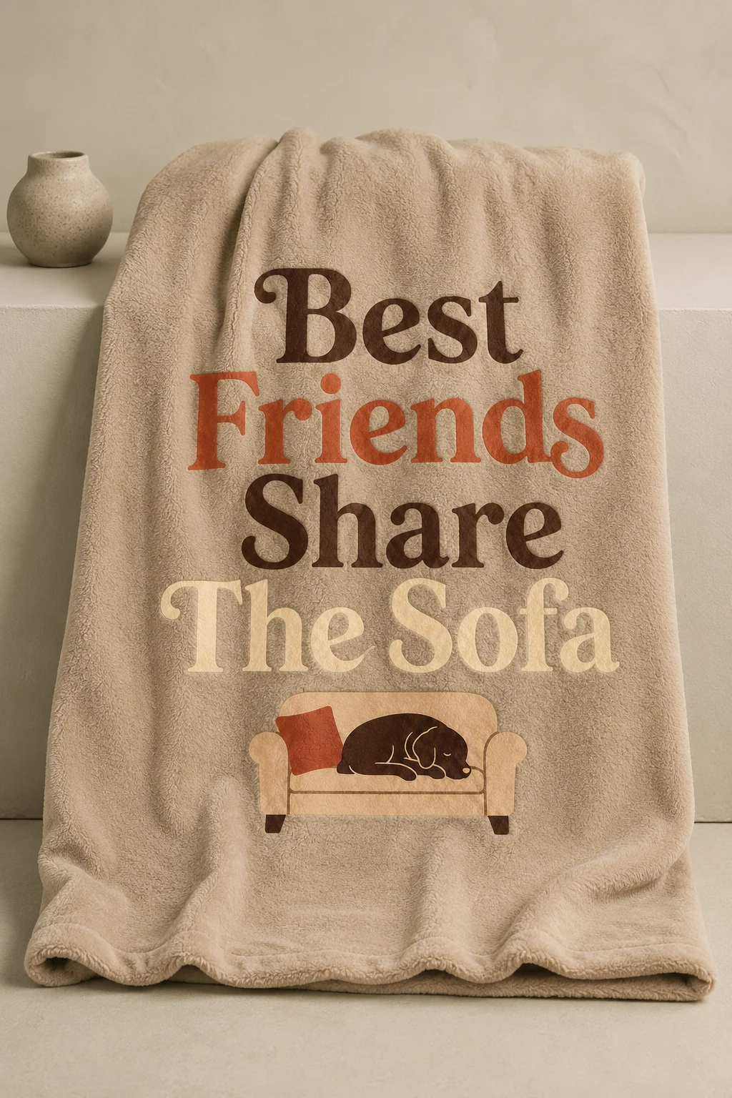 Folded dog mom blanket displayed upright on a minimal matte plinth with the Best Friends Share The Sofa design fully visible and a small neutral decor accent nearby
