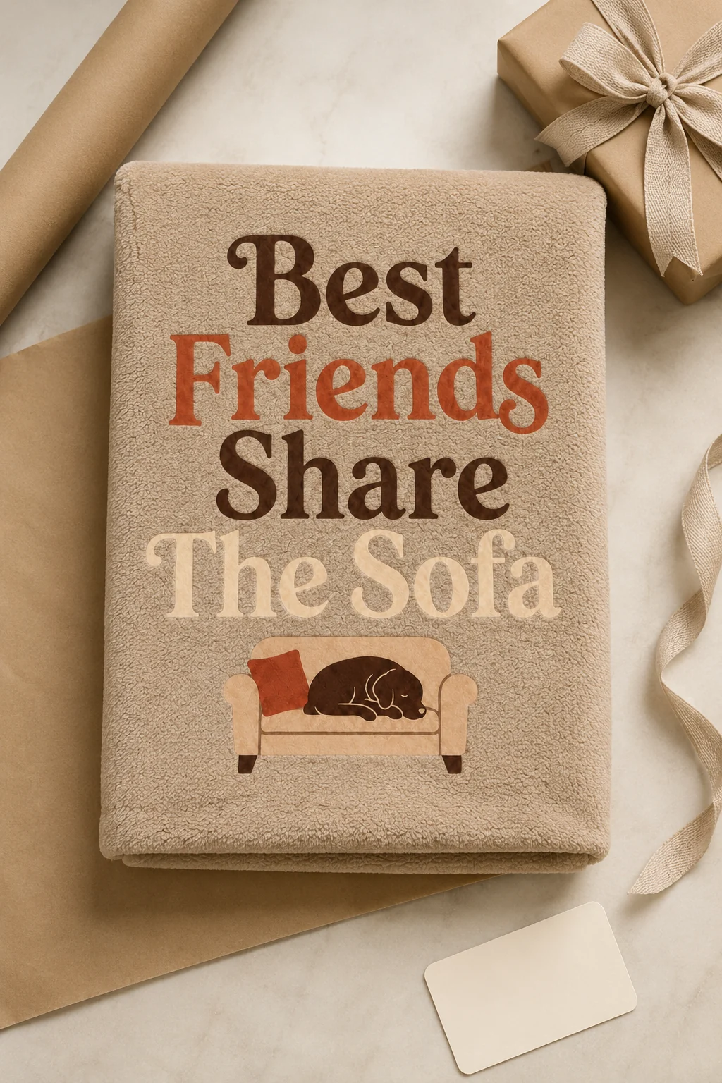 Best Friends Share The Sofa blanket arranged at a clean wrapping station with kraft paper, a blank card, and a simple bow