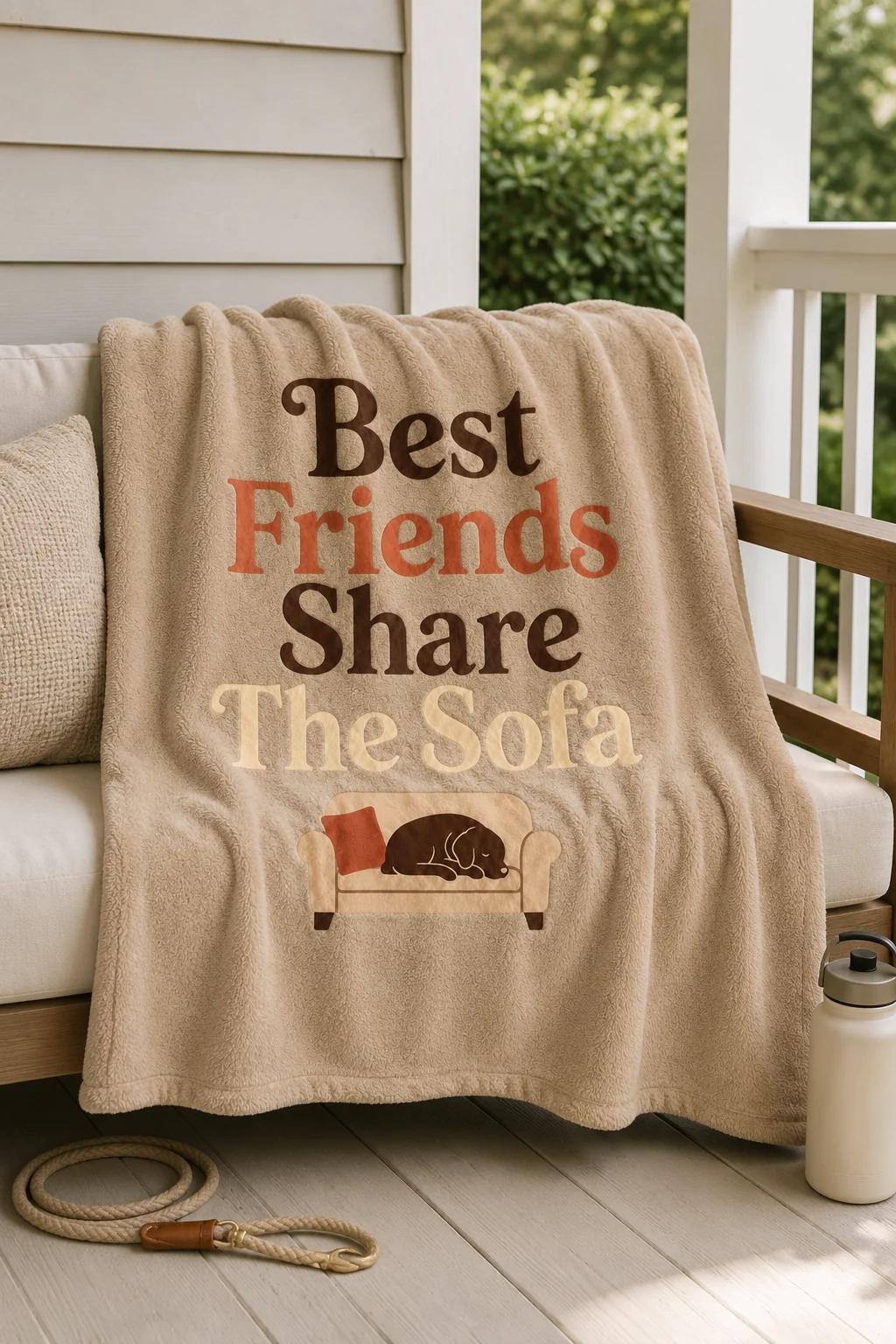 Dog mom blanket styled in a front porch seating area with a neutral cushion, leash, and unbranded water bottle