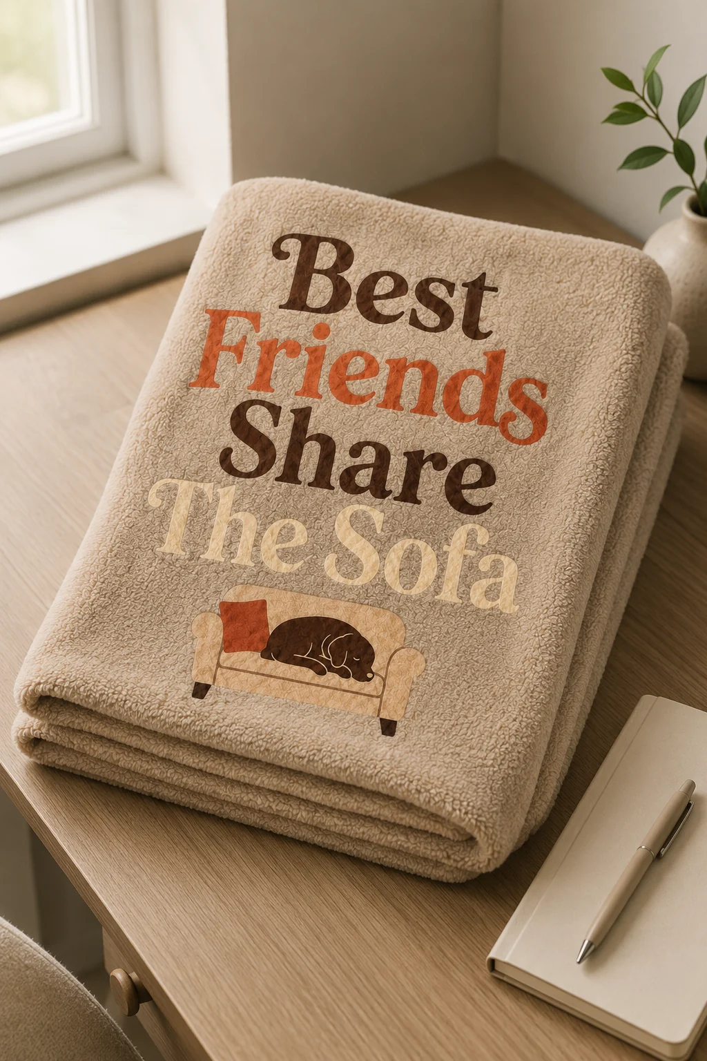 Close angled view of the Best Friends Share The Sofa blanket beside a blank notebook and neutral pen in soft window light