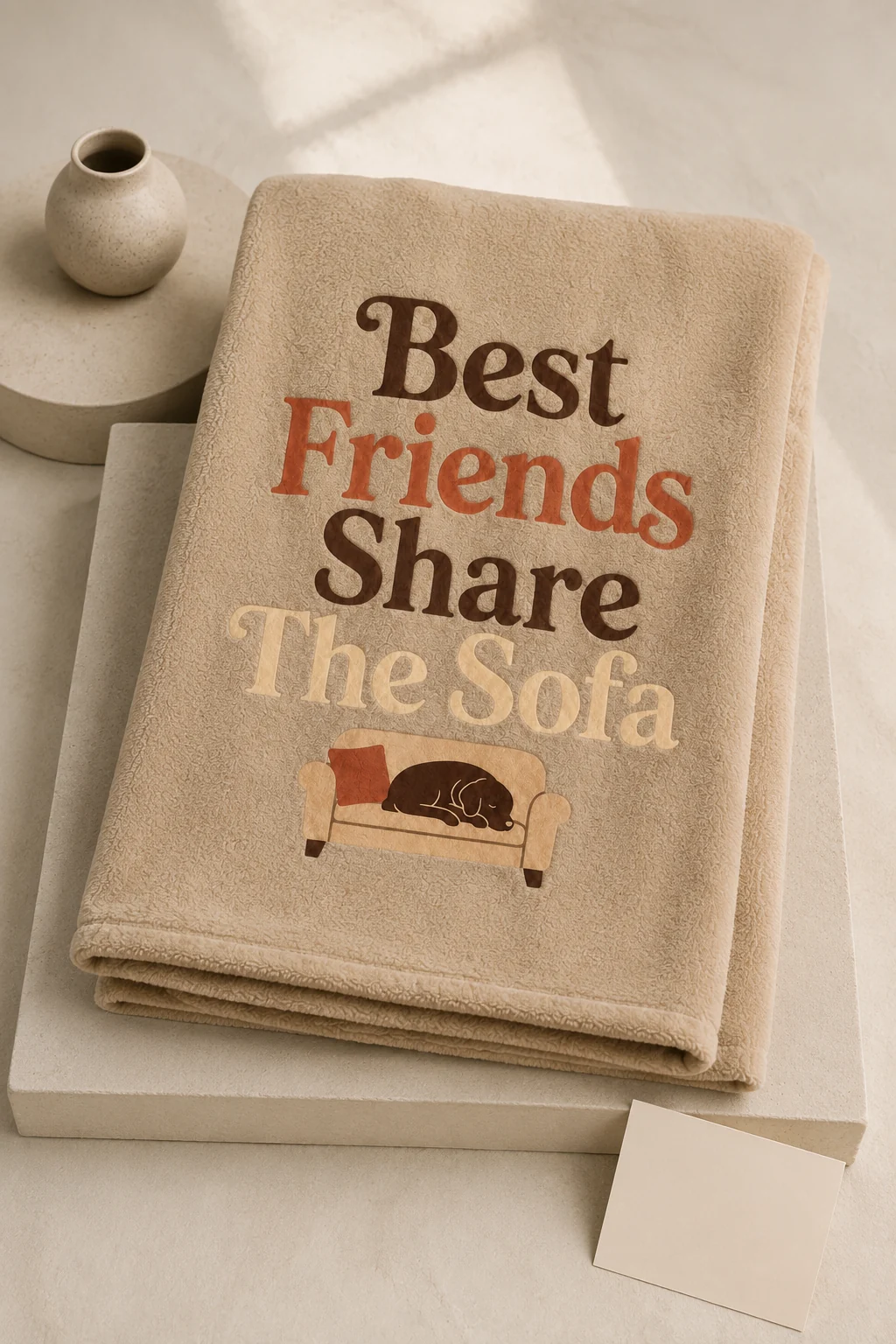 Best Friends Share The Sofa blanket presented in an editorial gift comparison setup with plain stands and a blank note card