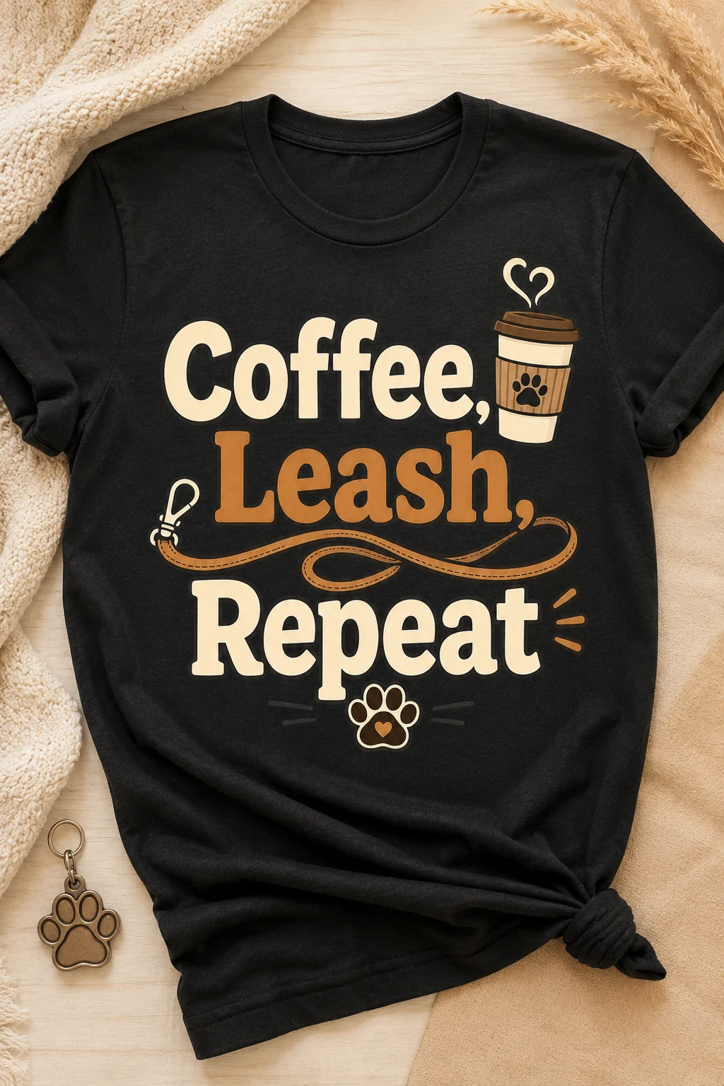 Black Coffee, Leash, Repeat t-shirt arranged on a light wood surface with a cream knit throw, dried grasses, and a paw-shaped keychain