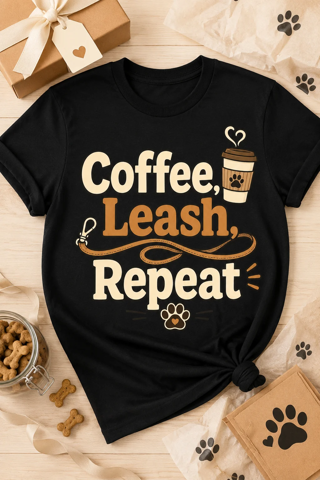 Black Coffee, Leash, Repeat t-shirt styled as a gift with a kraft box, ribbon, paw-print tissue paper, a tag, and dog treats