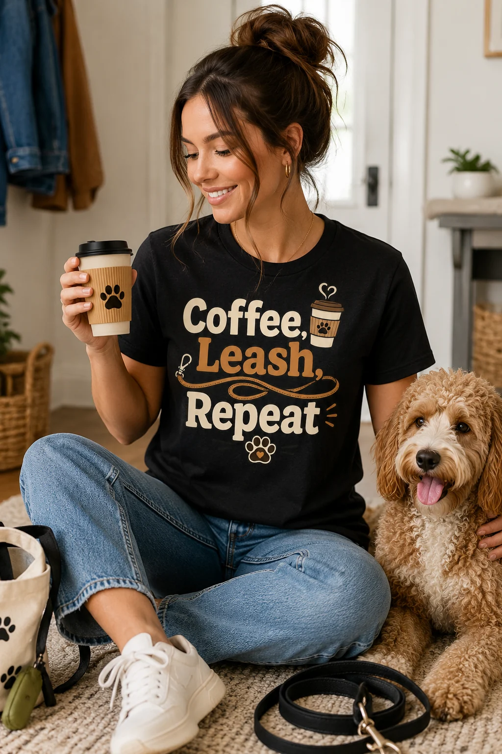 Woman wearing the black Coffee, Leash, Repeat t-shirt with blue jeans while holding a takeaway coffee beside a curly-haired dog