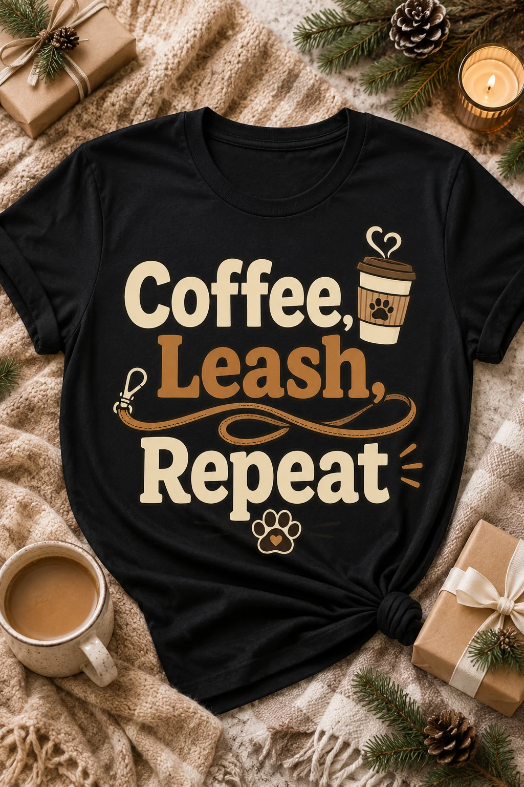Black Coffee, Leash, Repeat t-shirt in a holiday flat lay with pine branches, wrapped gifts, a candle, a warm drink, and knitted blankets