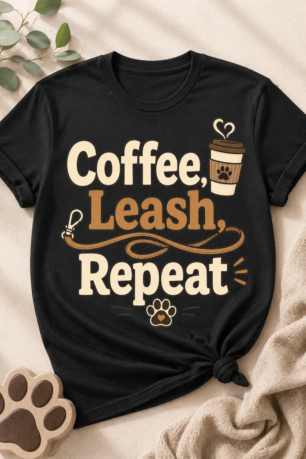 Black Coffee, Leash, Repeat t-shirt on a soft cream background with eucalyptus leaves, a textured blanket, and a large paw-shaped accent
