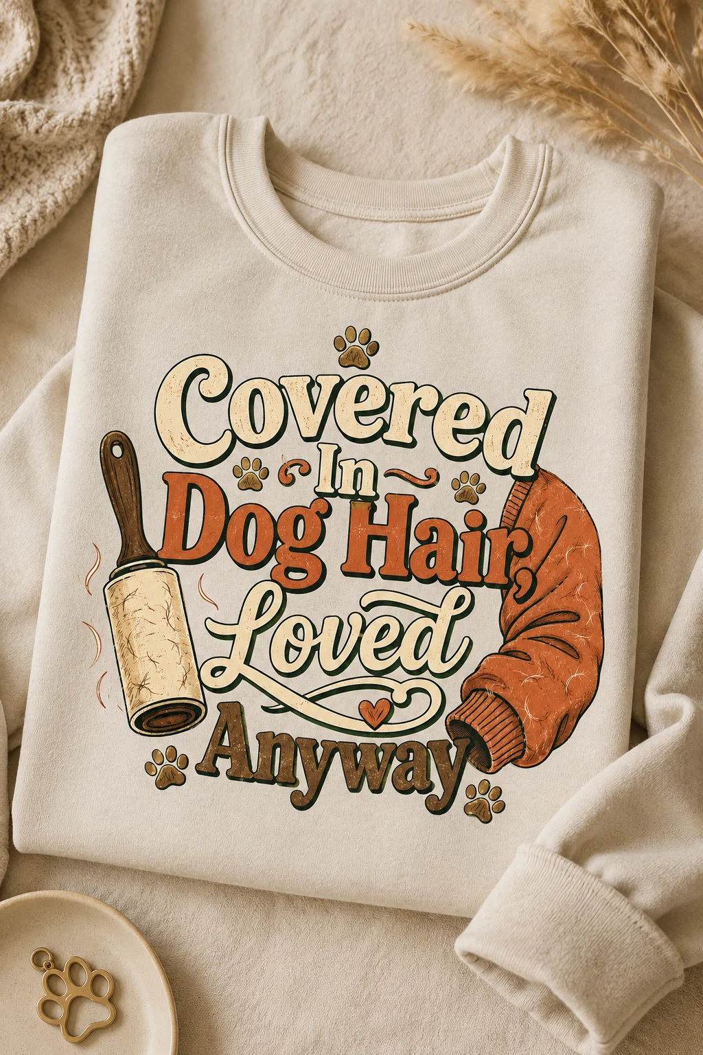 Folded cream crewneck sweatshirt displaying the Covered In Dog Hair, Loved Anyway design on a warm neutral surface with a knitted blanket, dried grasses, and a small paw-shaped charm