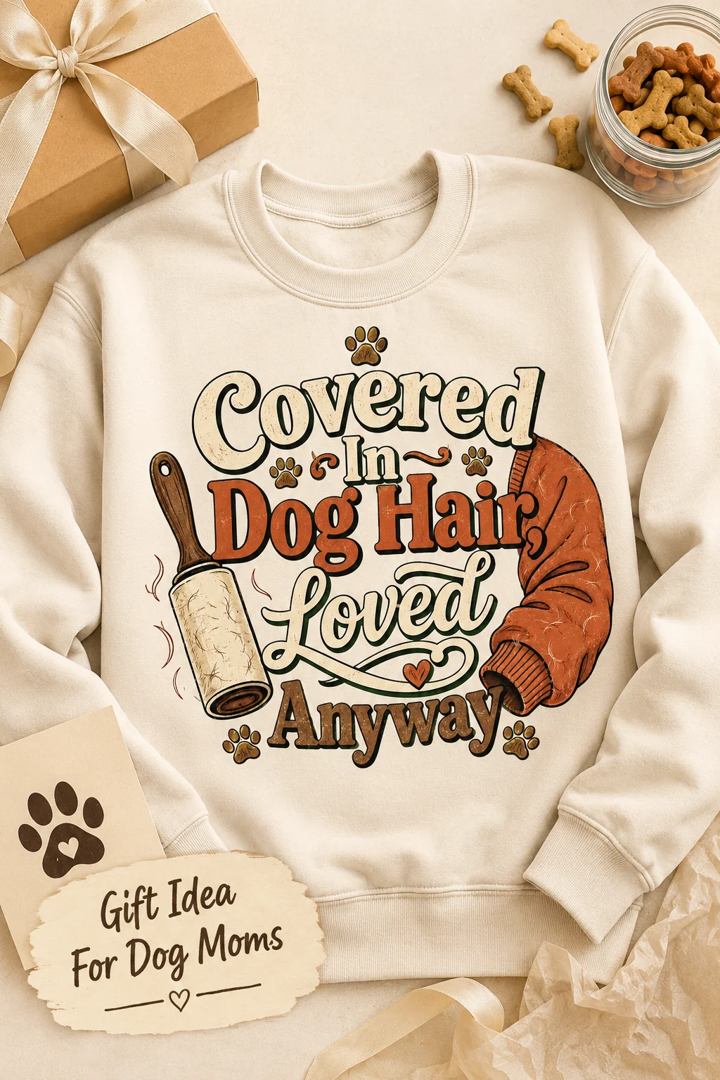 Cream graphic sweatshirt arranged as a gift flat lay with a kraft box and ribbon, a glass jar of dog biscuits, loose bone-shaped treats, tissue paper, and a Dog Mom gift idea card