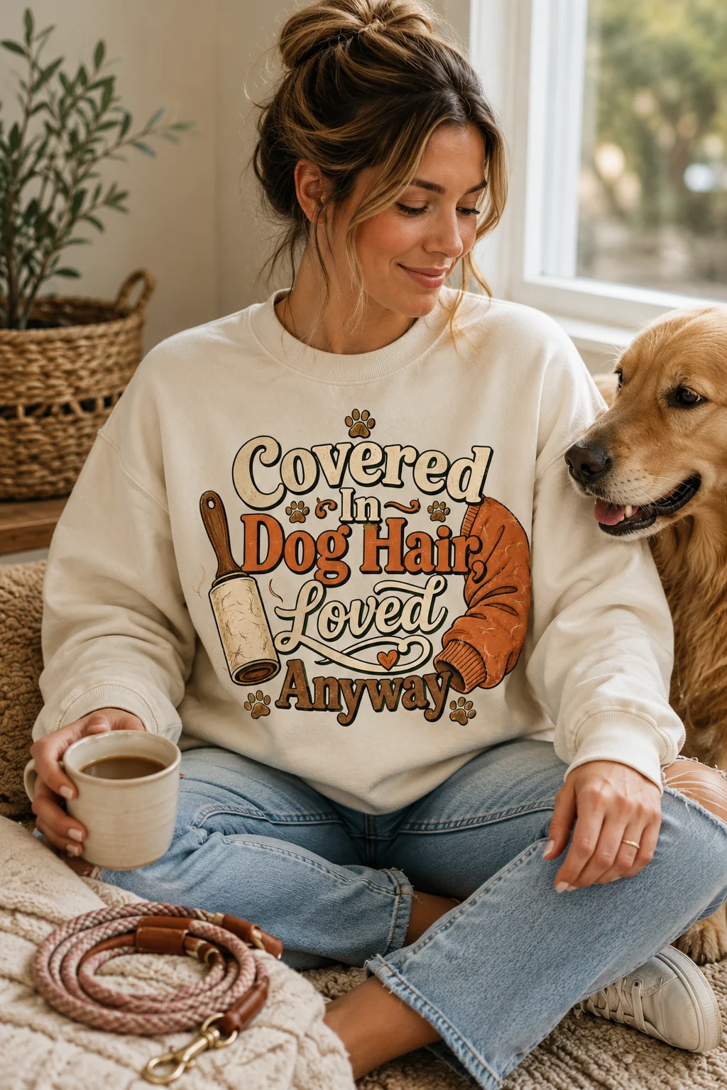 Woman wearing the cream dog mom sweatshirt while sitting cross-legged beside a golden-colored dog, holding a ceramic mug with jeans, sneakers, and a coiled leash nearby