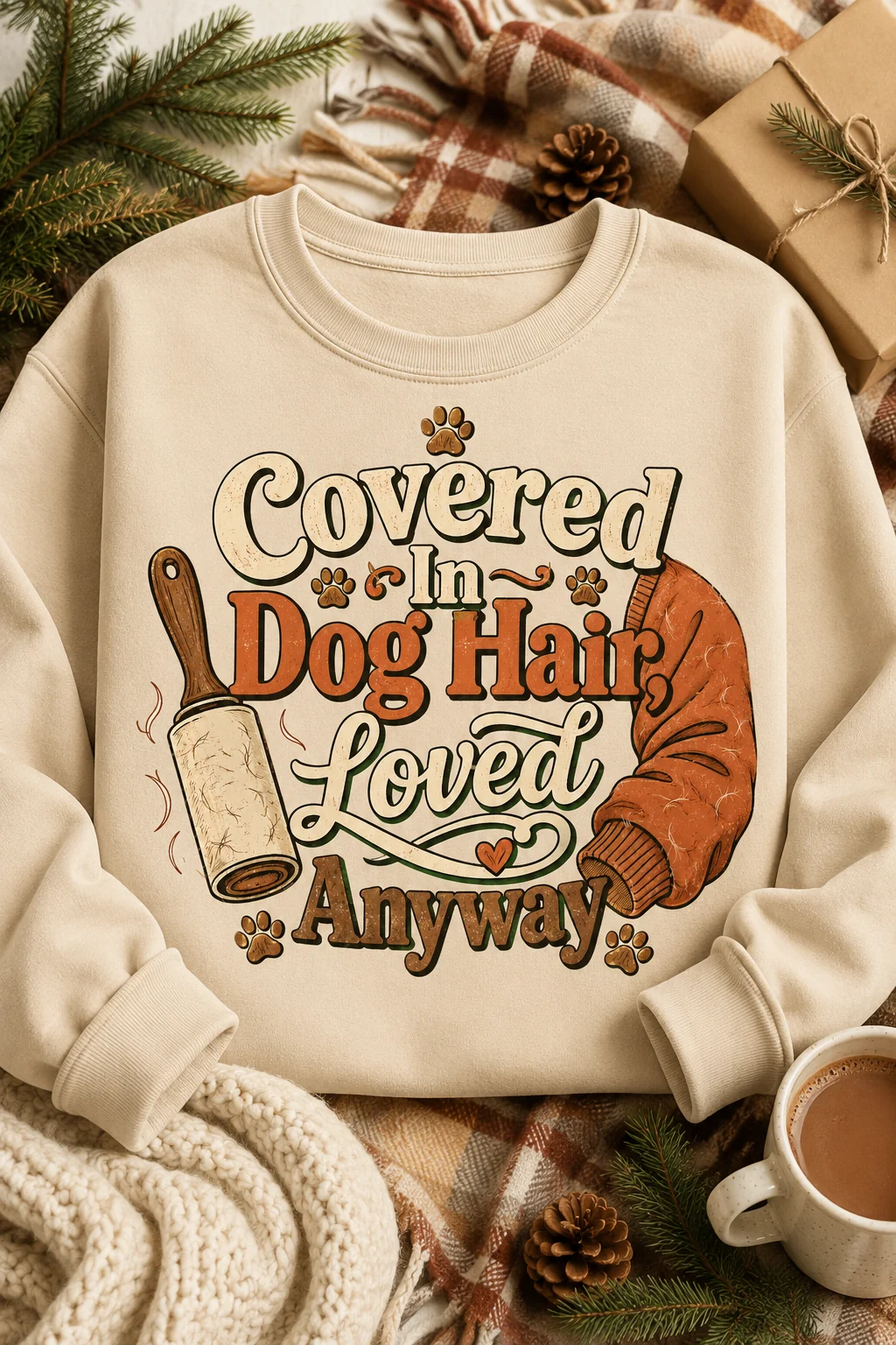 Cream sweatshirt displayed on a brown and cream plaid blanket with evergreen branches, pinecones, a wrapped kraft gift, a knit throw, and a mug of cocoa