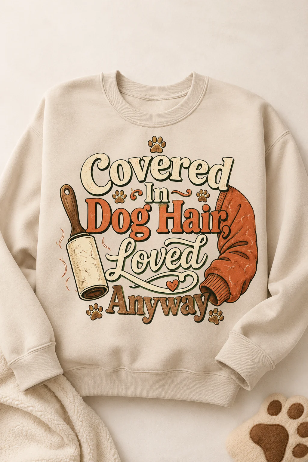 Cream crewneck sweatshirt centered on a plain warm neutral background with the quote design fully visible, a soft sherpa blanket at the lower left, and a plush paw accent at the lower right