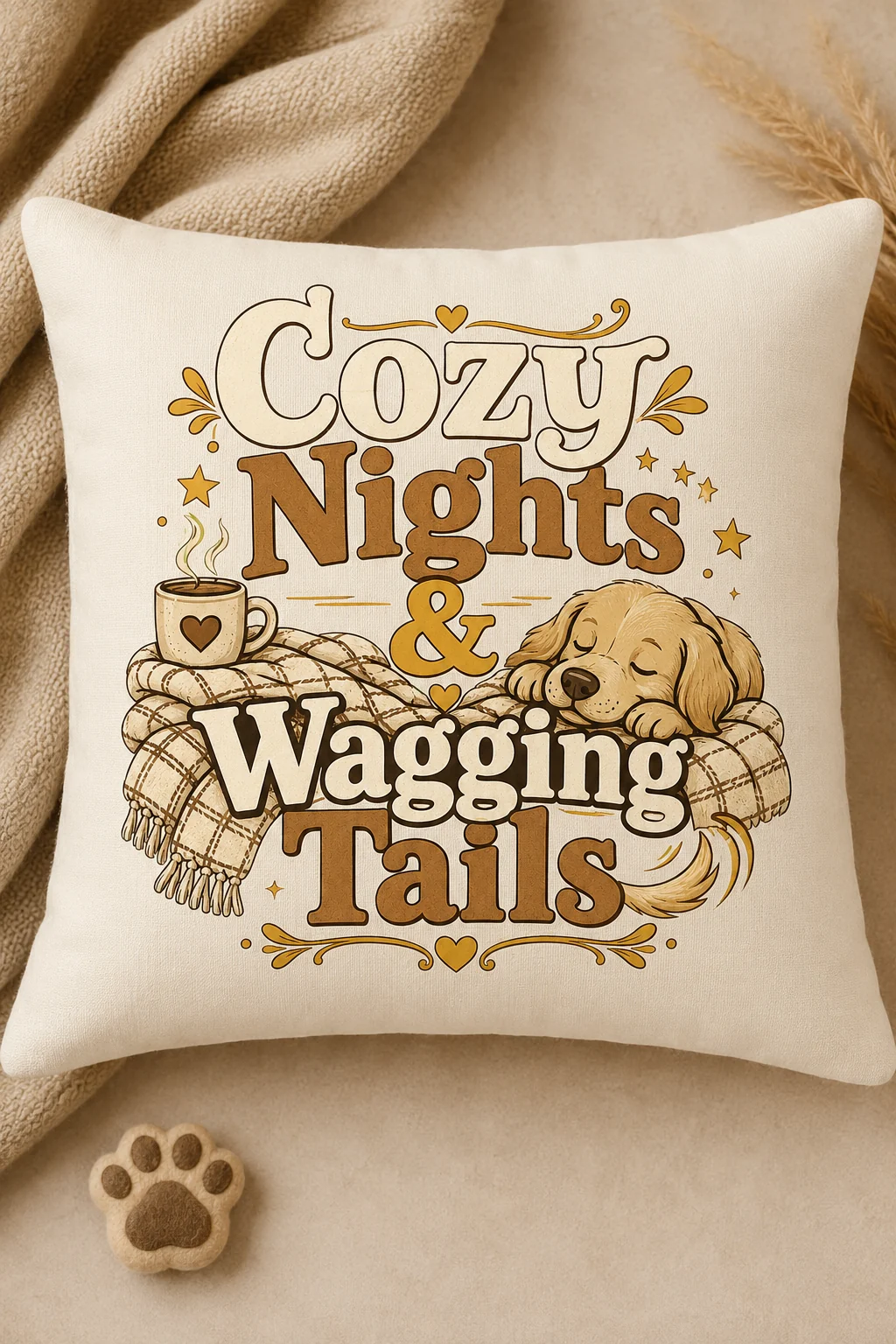 Close-up of a neutral decorative pillow displaying Cozy Nights & Wagging Tails with soft fabric accents and a small paw-themed prop