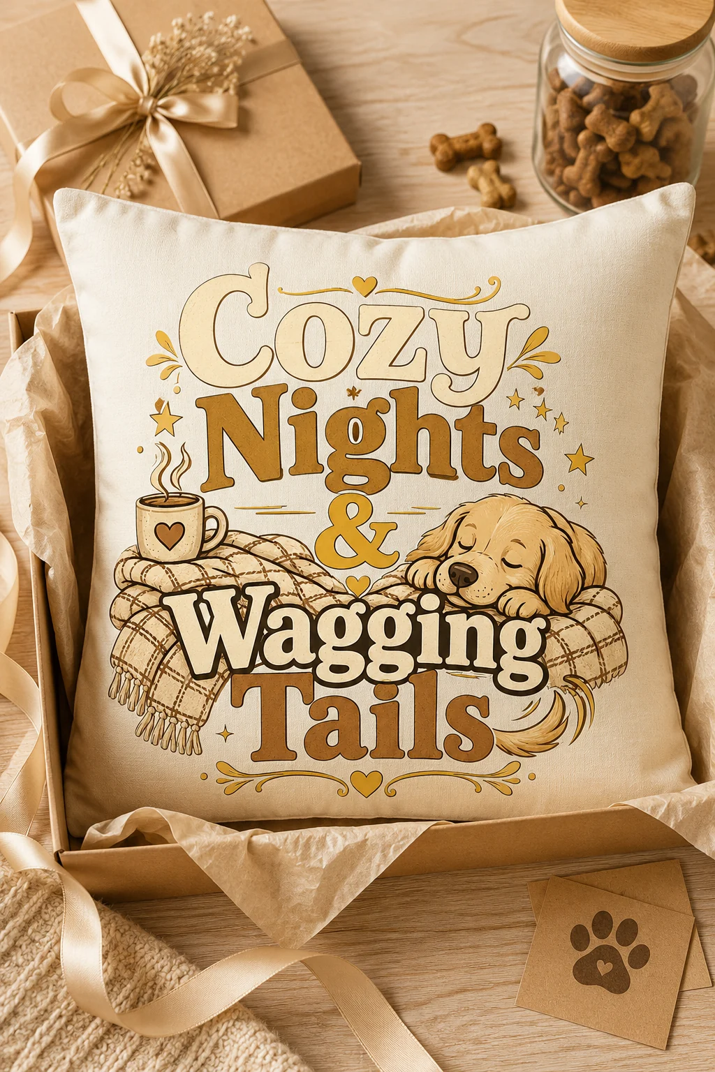 Cozy Nights & Wagging Tails pillow arranged as a gift with a kraft box, ribbon, tissue paper, dog treat jar, and paw-print card