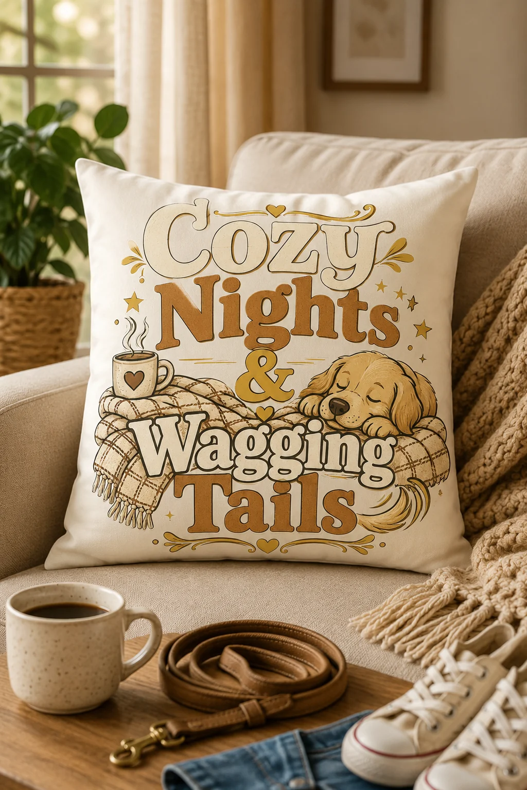 Cozy Nights & Wagging Tails pillow in a casual home setting with a coffee cup, coiled leash, denim, and neutral sneakers