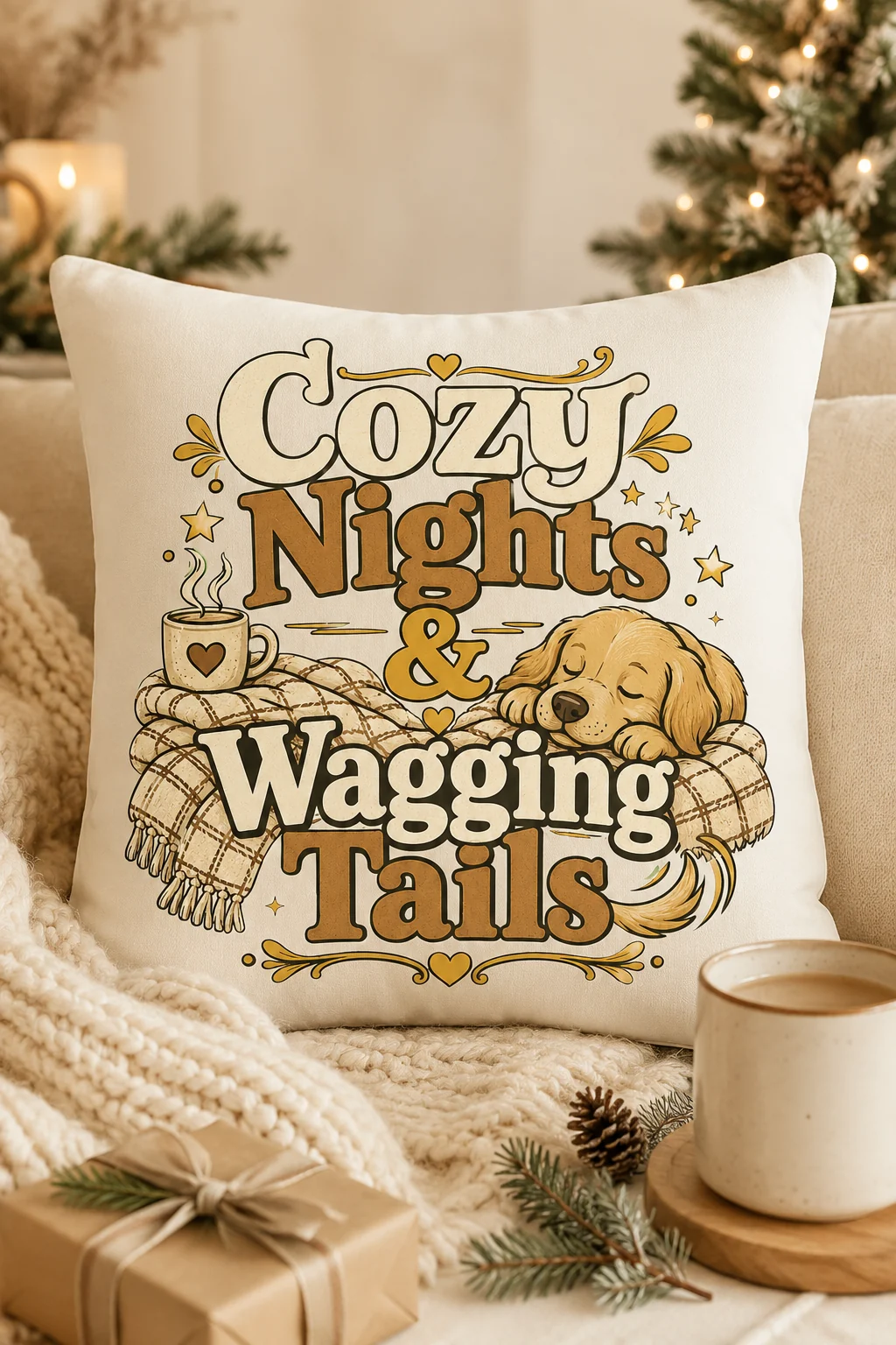Cozy Nights & Wagging Tails pillow styled with a soft blanket, warm mug, gift wrap, and subtle seasonal greenery