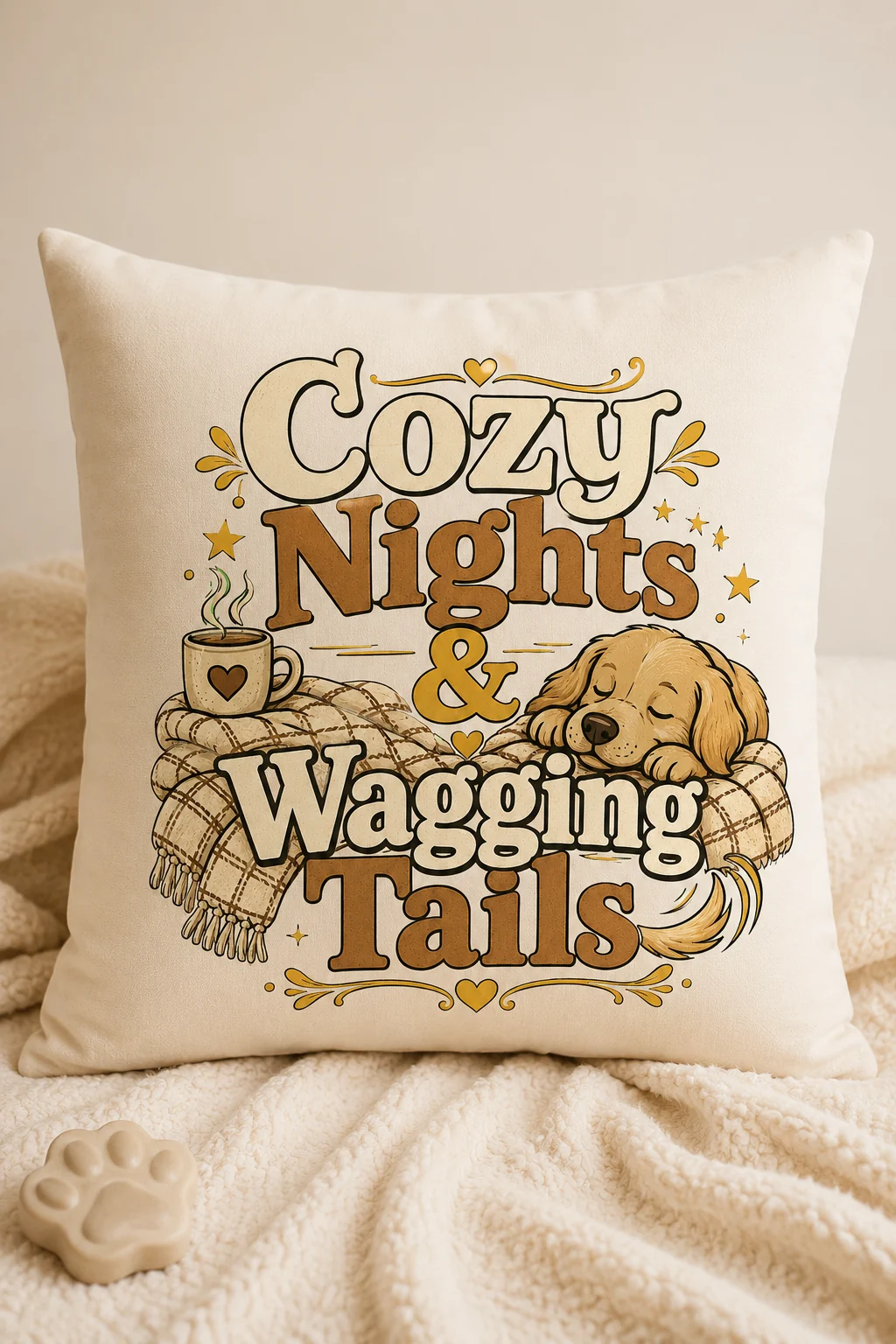 Front-facing Cozy Nights & Wagging Tails pillow against a plain neutral background with soft fabric texture and a subtle paw-print accent