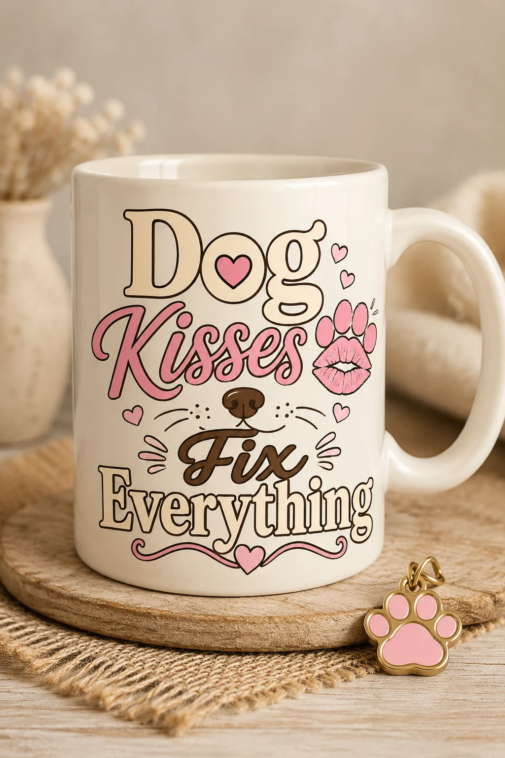 Front-facing mug with the words Dog Kisses Fix Everything on a warm neutral tabletop beside a small paw charm and soft fabric