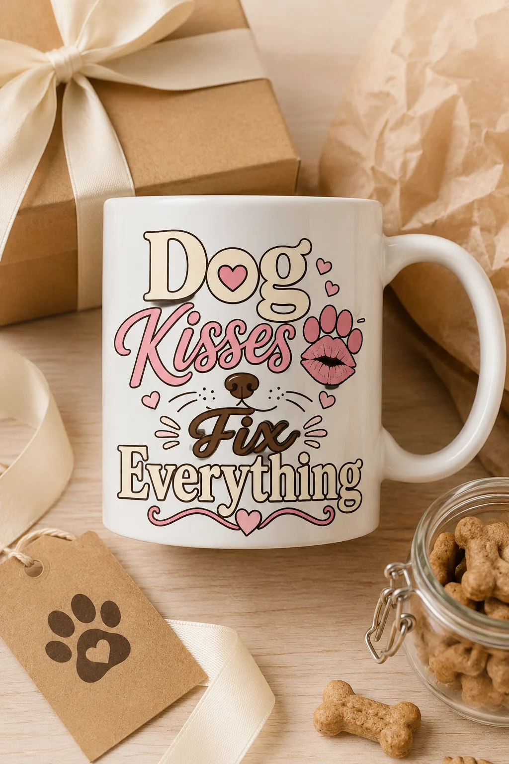 Dog Kisses Fix Everything mug arranged in a gift flat lay with a kraft box, ribbon, tissue paper, dog treat jar, and paw-print card