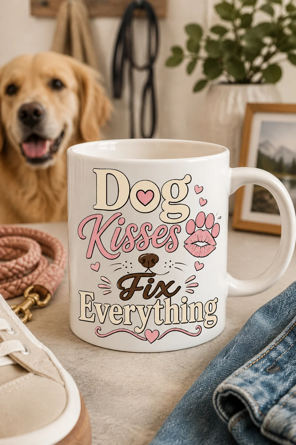 Dog Kisses Fix Everything mug in a casual home scene with a coiled leash, neutral sneakers, denim, and coffee-table details