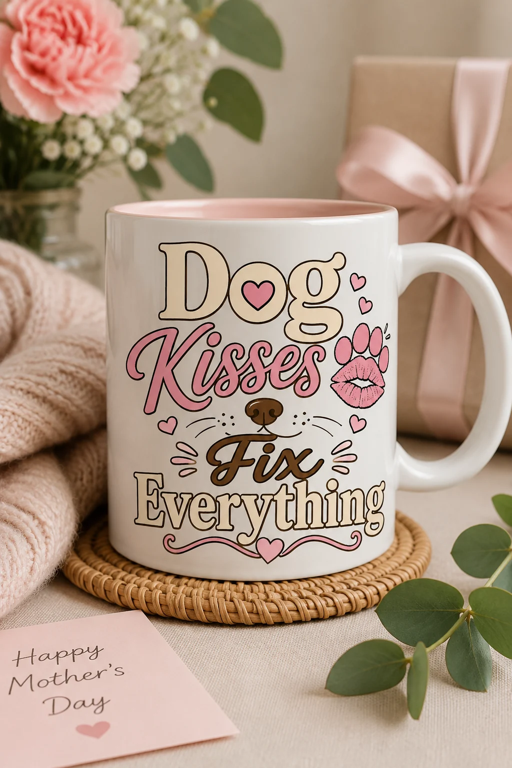 Dog Kisses Fix Everything mug in a soft seasonal gift scene with cozy fabric, subtle greenery, and neutral wrapping accents