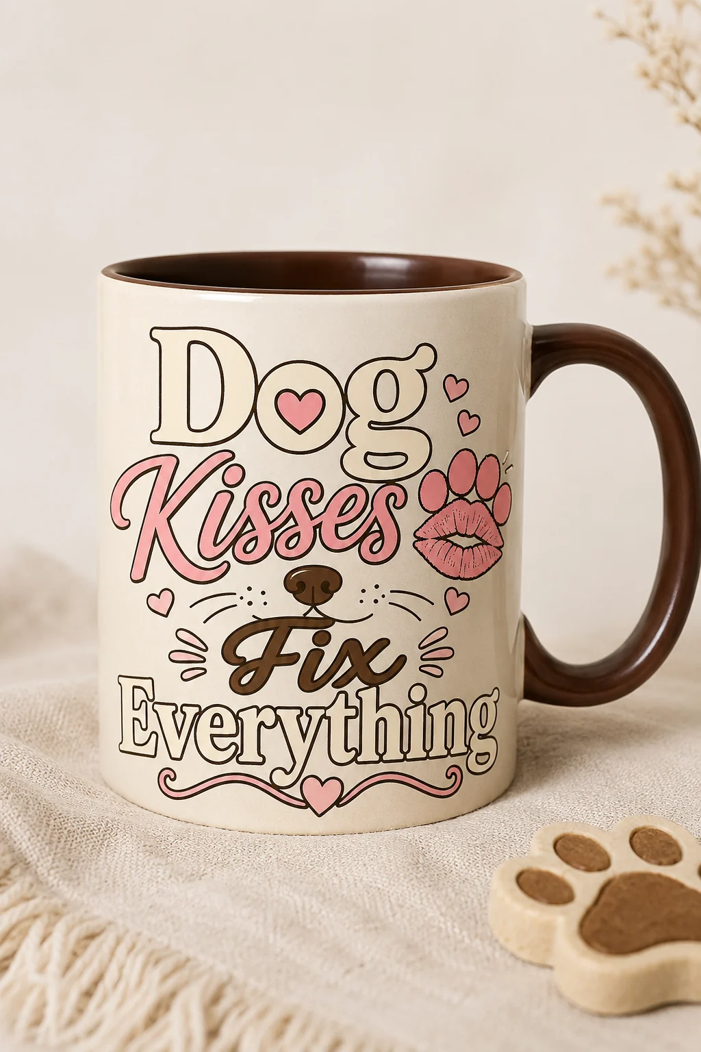Dog Kisses Fix Everything mug centered against a plain neutral background with soft fabric and a subtle paw-print prop