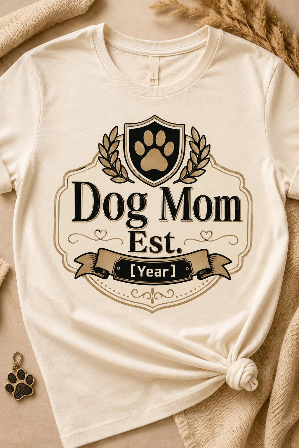 Close-up of a Dog Mom Est. [Year] T-shirt arranged on a warm neutral surface with minimal dog-themed accessories