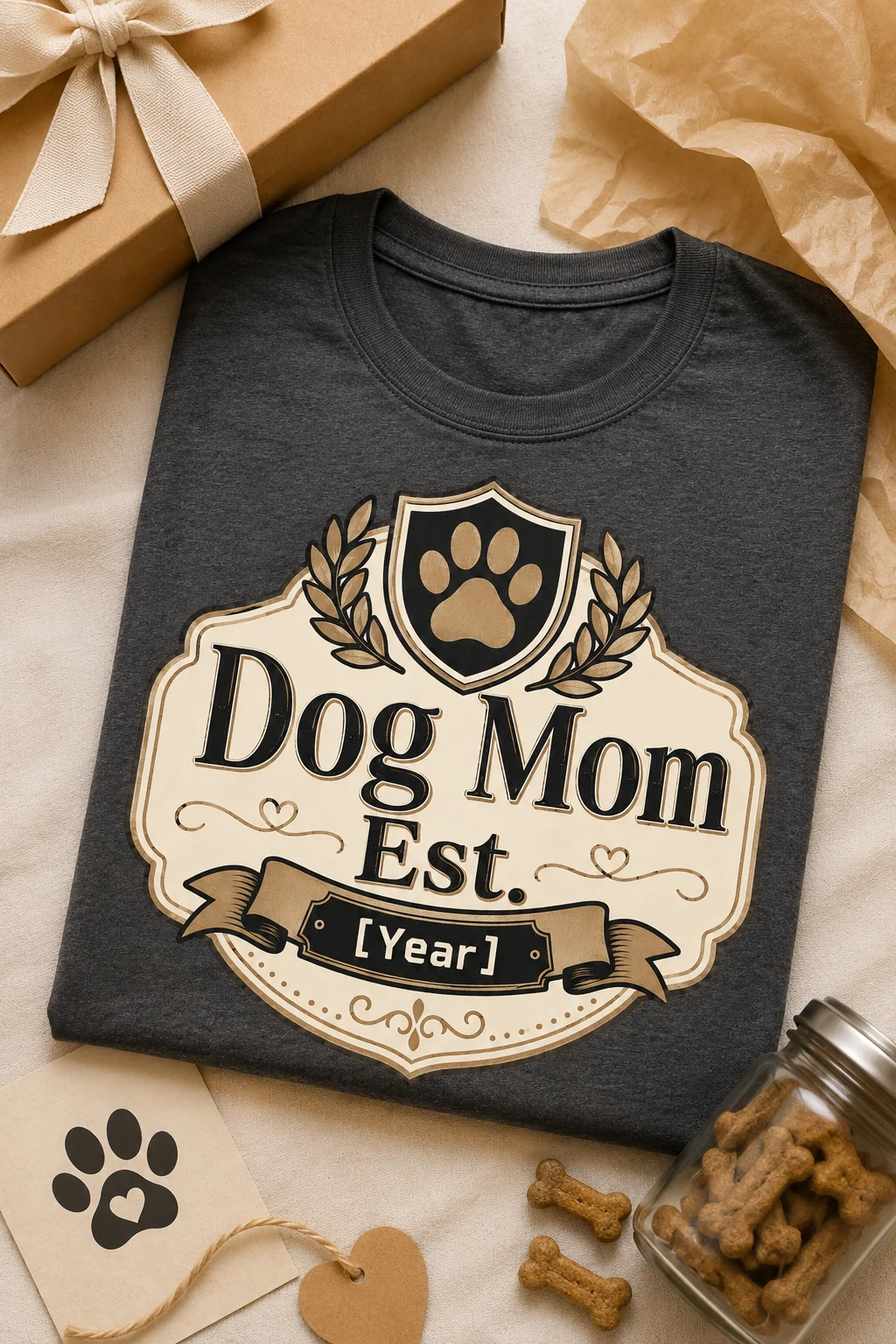 Dog Mom Est. [Year] T-shirt presented in a neutral gift flat lay with wrapping, ribbon, and dog-themed details