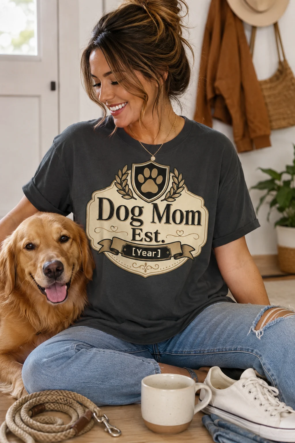 Dog Mom Est. [Year] T-shirt styled with a leash, coffee cup, sneakers, and casual dog-walk accessories