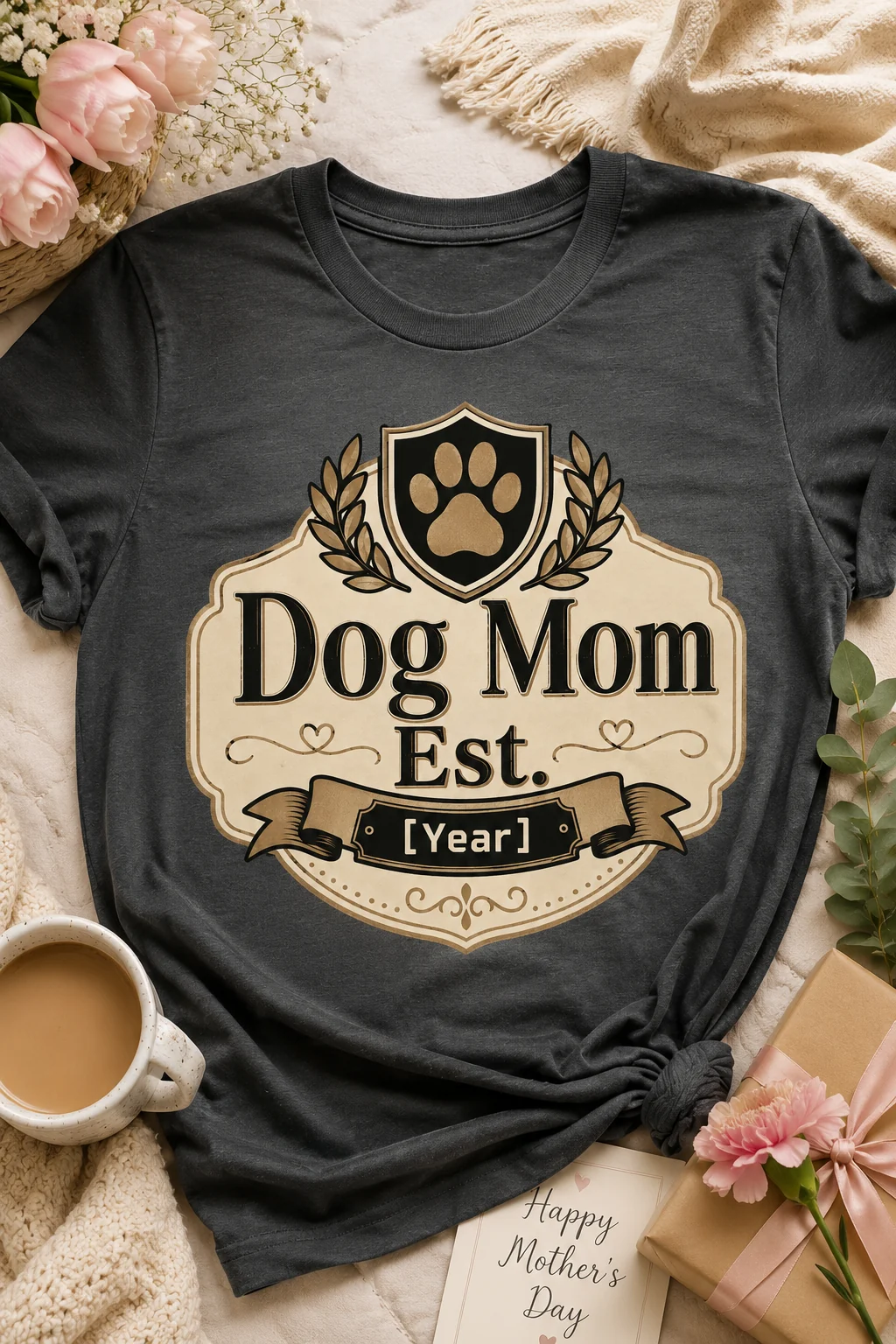 Dog Mom Est. [Year] T-shirt arranged in a seasonal gift scene with soft greenery, wrapping, and a warm mug