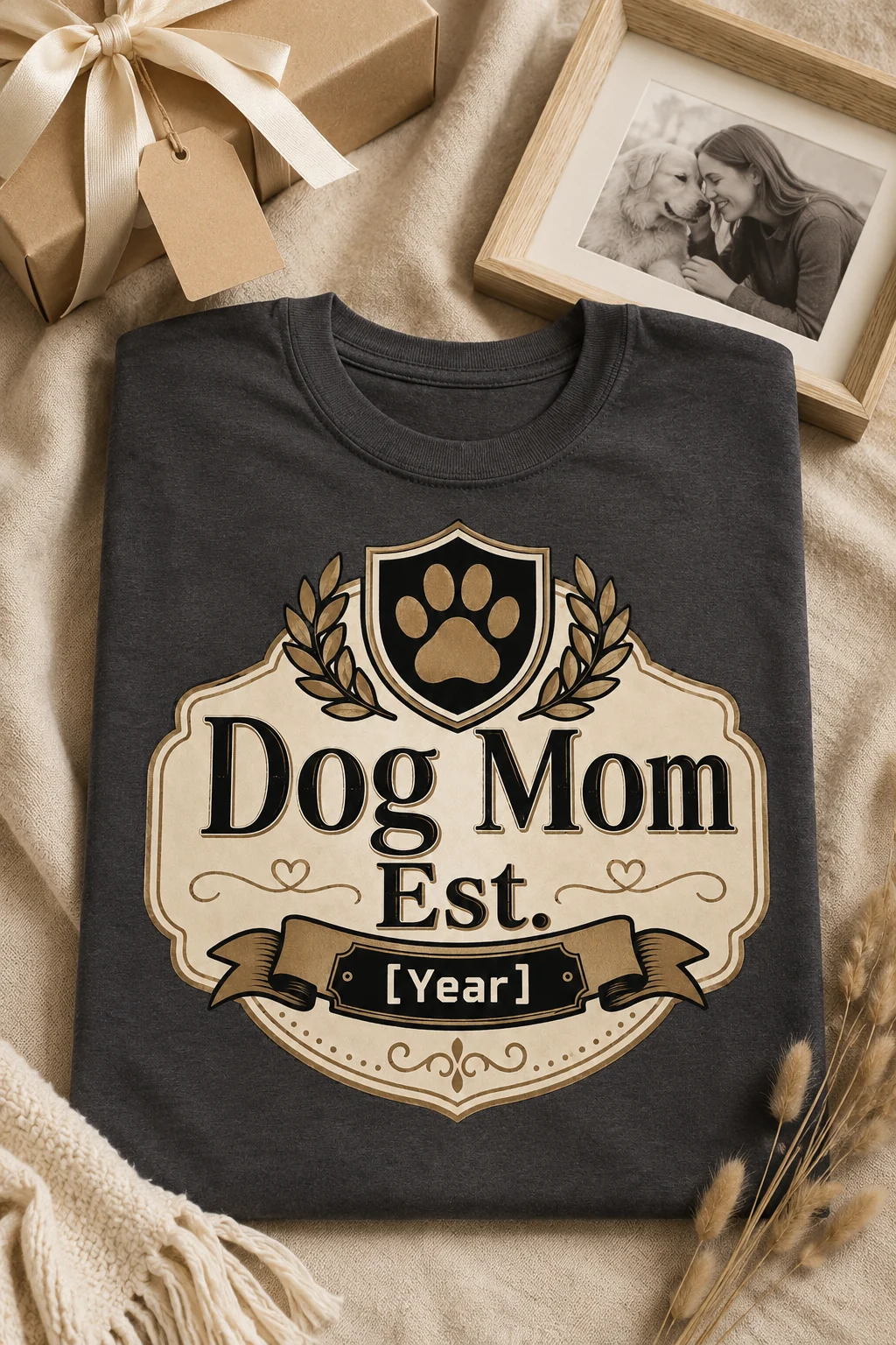 Dog Mom Est. [Year] T-shirt shown as a personalized custom product with the established-year design centered on the front