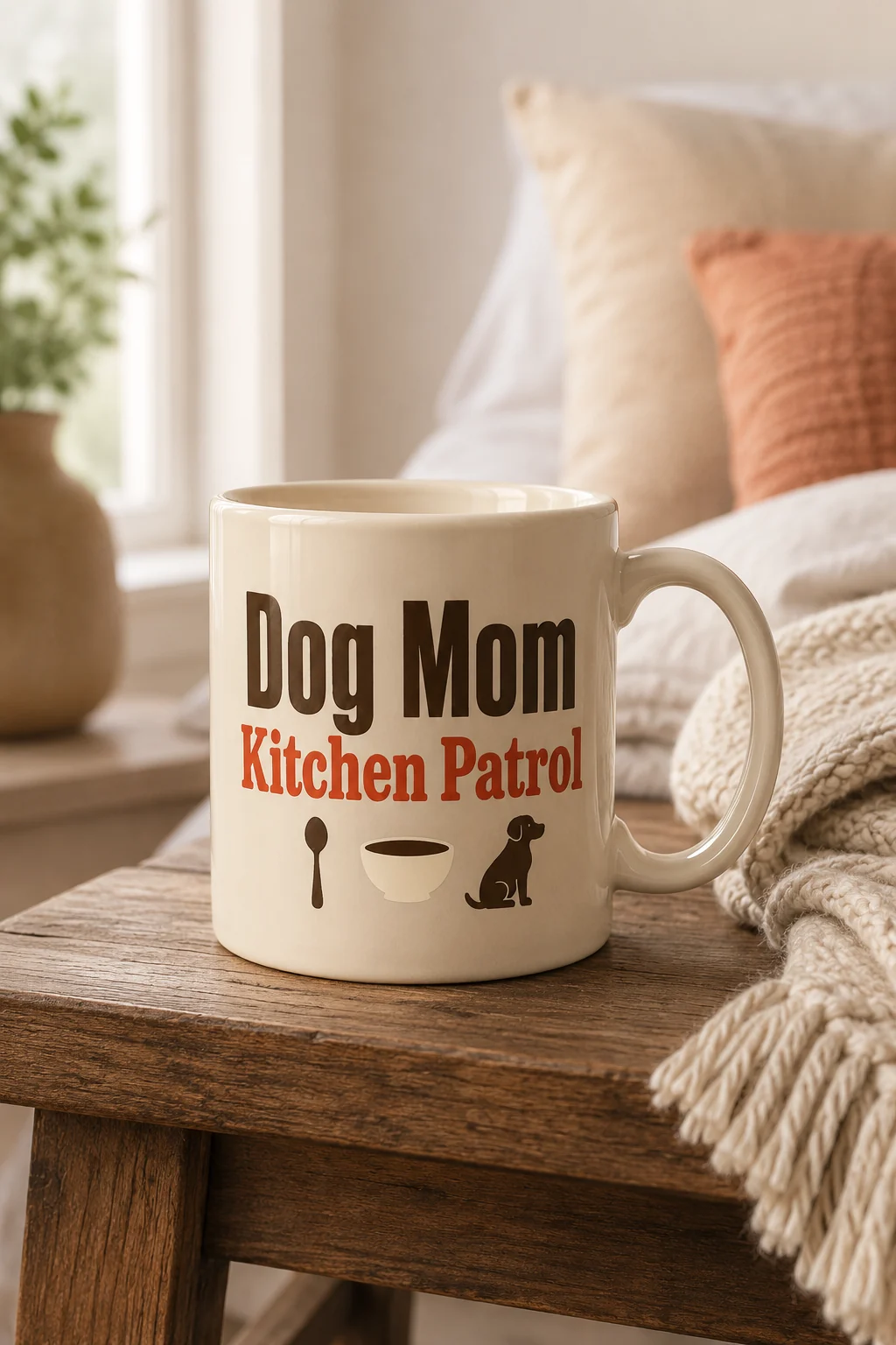 Dog Mom Kitchen Patrol mug on a warm bedroom bench beside a folded throw in soft morning light