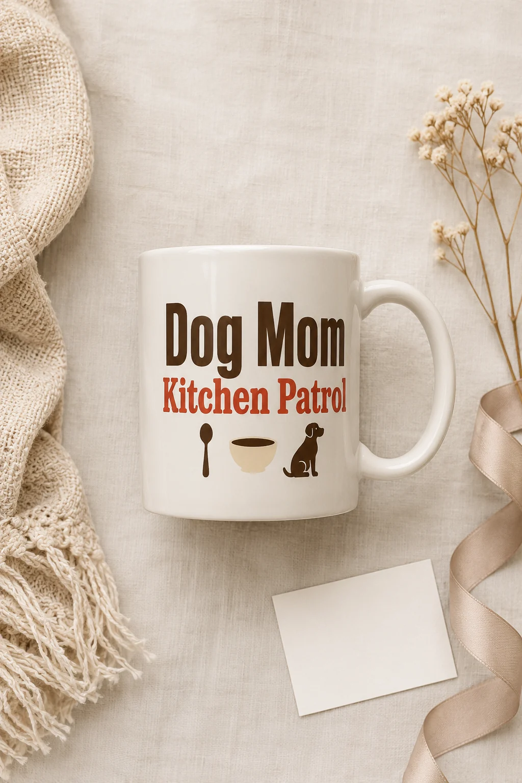 Top-down gift flat lay with the Dog Mom Kitchen Patrol mug, ribbon, dried flower, and blank card on neutral fabric