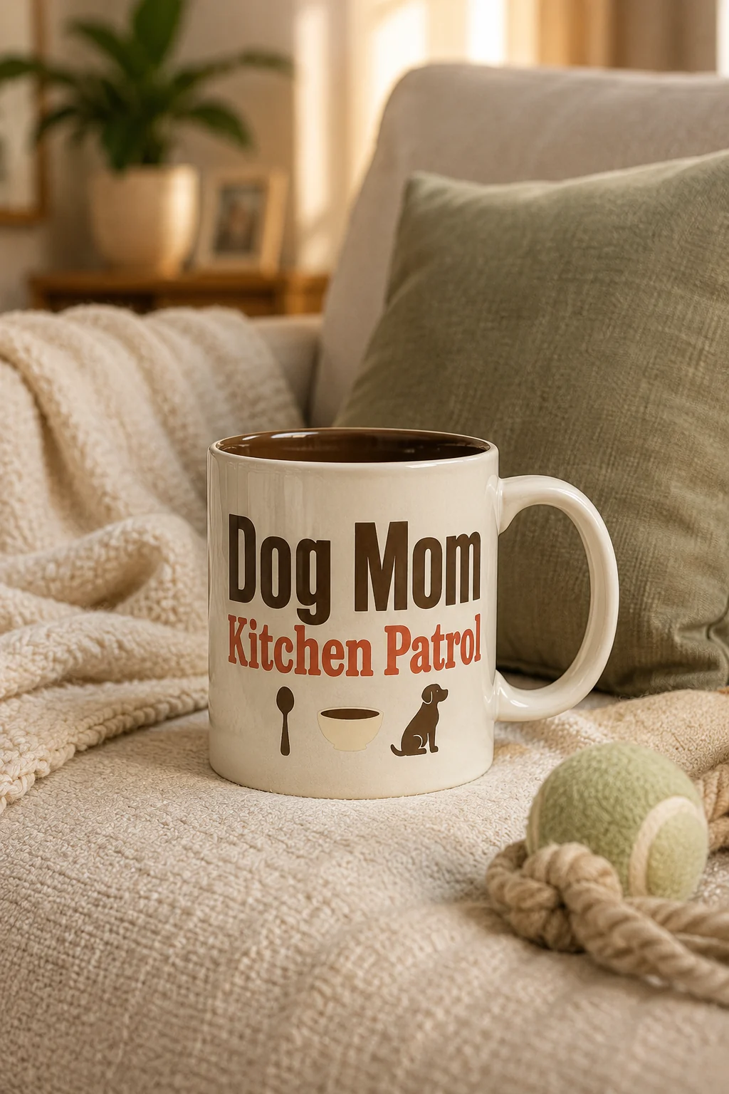 Dog Mom Kitchen Patrol mug in a quiet living room sofa setting with a throw blanket, plain cushion, and dog toy