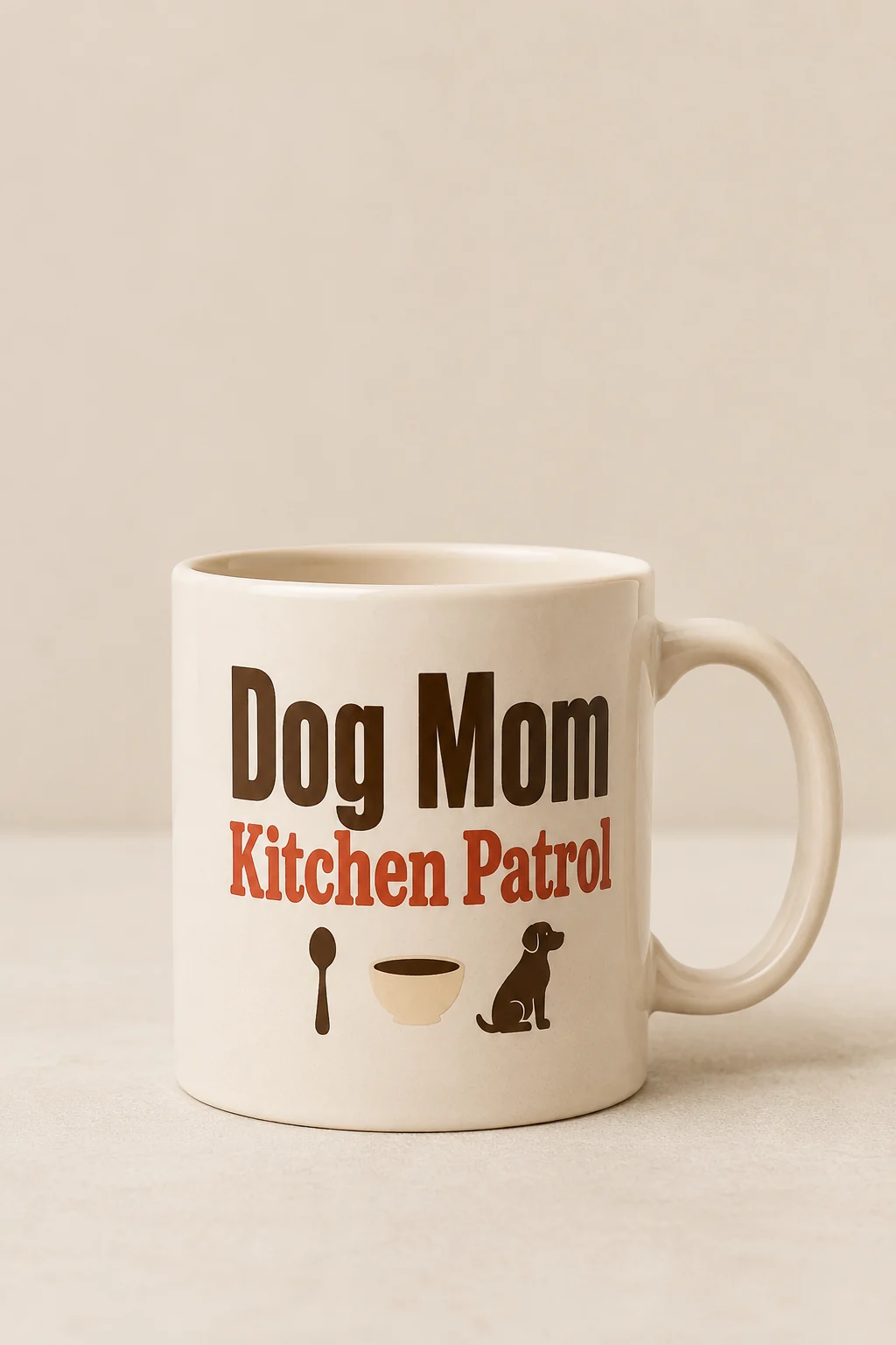 Straight-on centered view of the Dog Mom Kitchen Patrol mug in a clean minimal setup without props