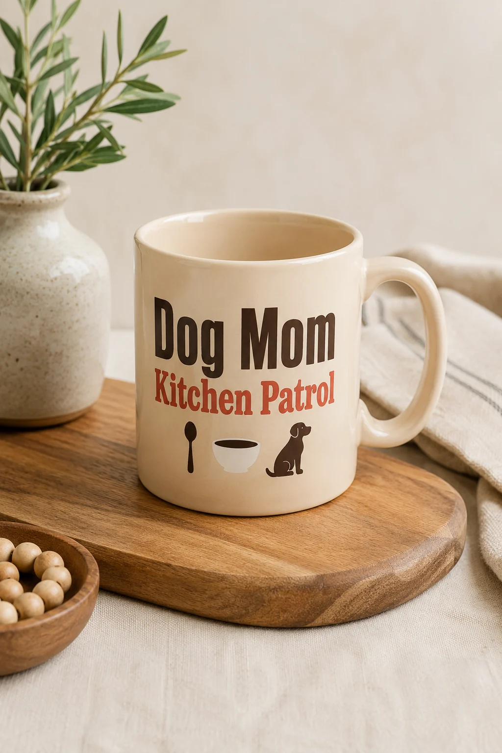 Dog Mom Kitchen Patrol mug in a softly lit gift-guide tabletop arrangement with three coordinated neutral props