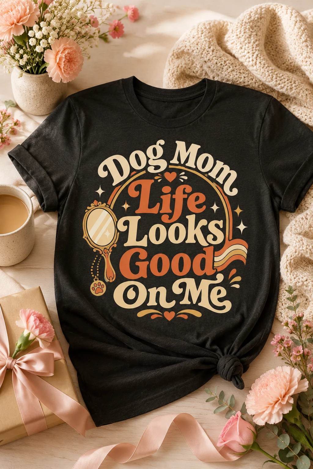 Close-up of a dog mom graphic t-shirt with the phrase Dog Mom Life Looks Good On Me centered across the front